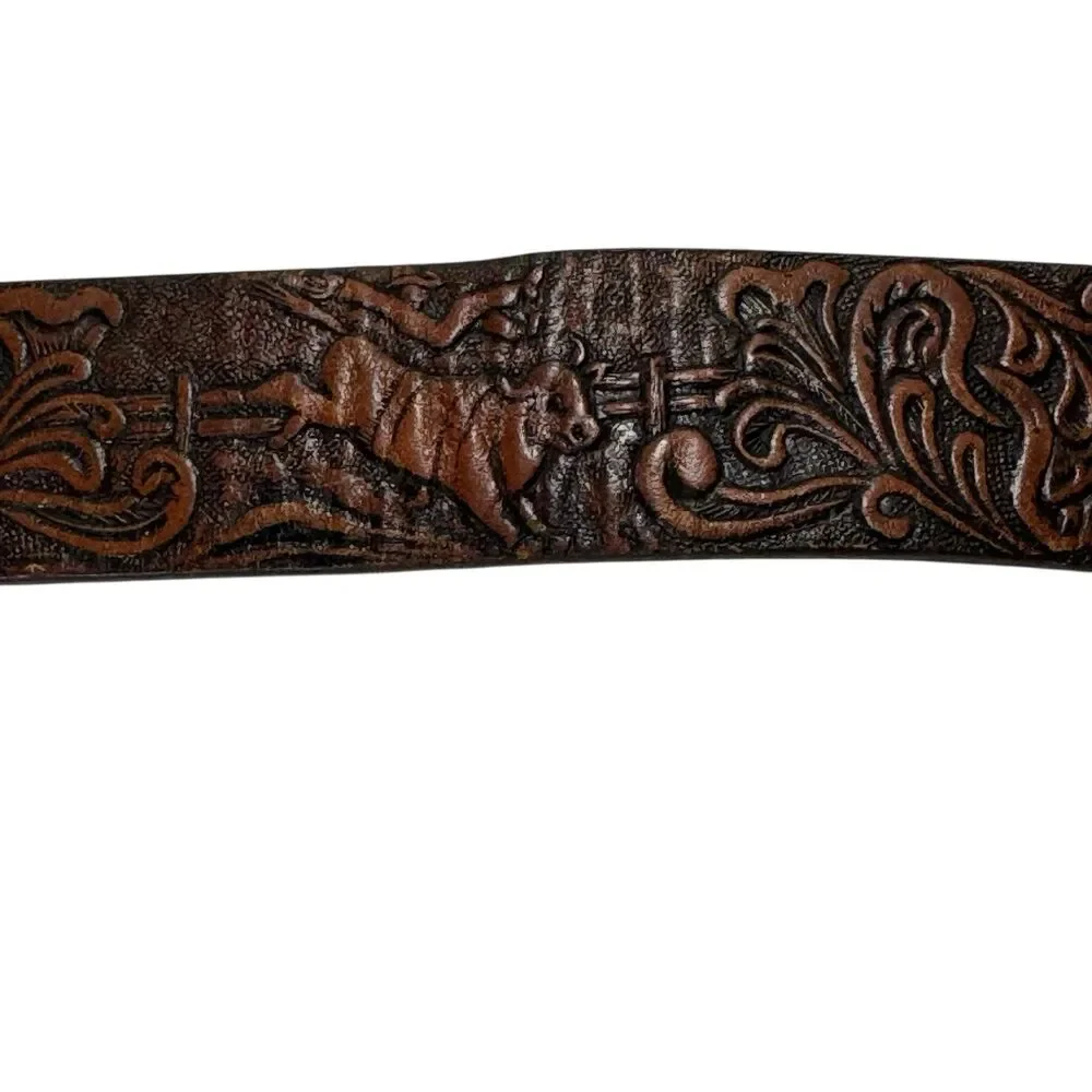 3D Leather Tooled Bucking Bronco Bull Roping Cowboy Western Belt